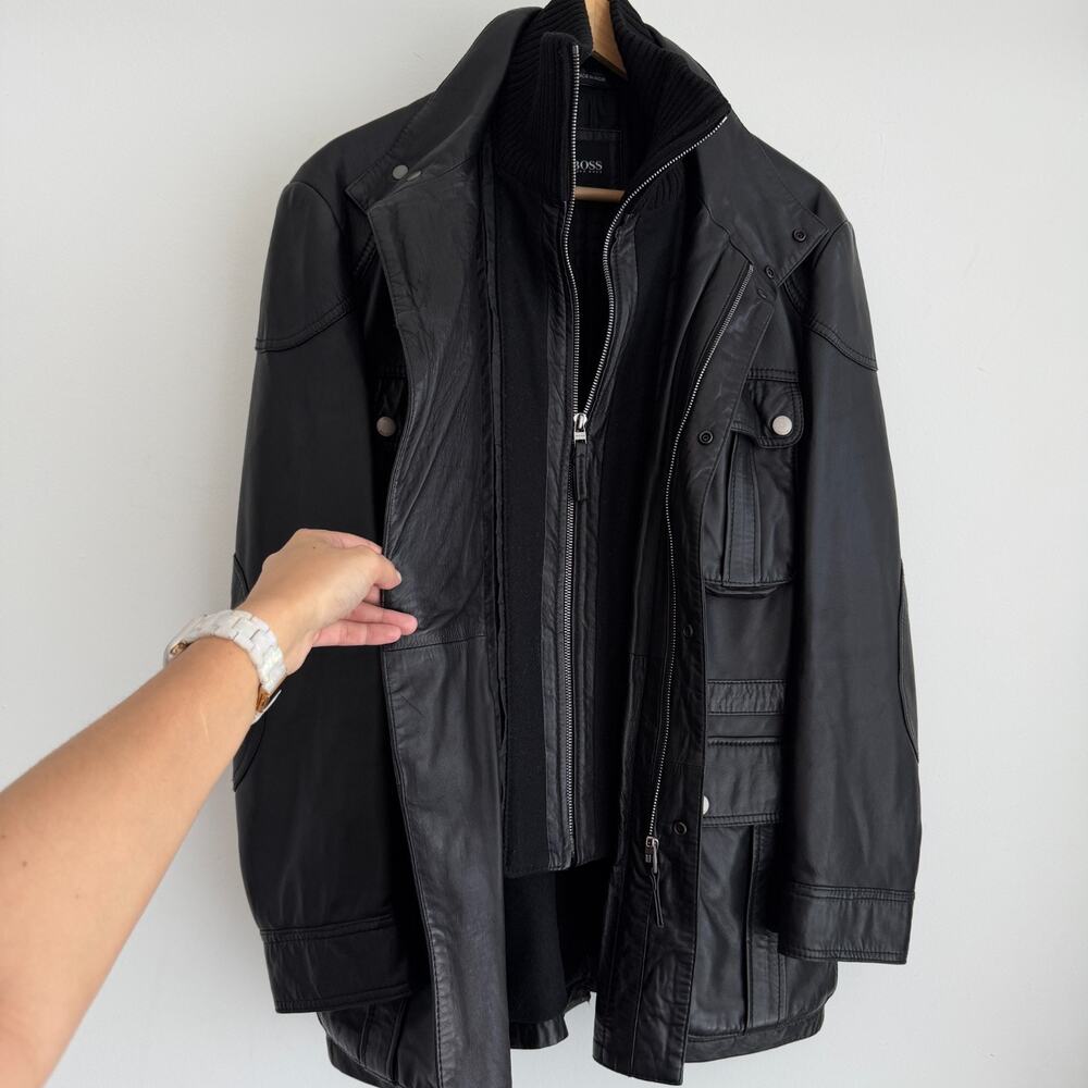 Hugo Boss Leather Jacket Men 38R Black Goatskin Military Field Biker Safari Coat - Picture 7 of 12